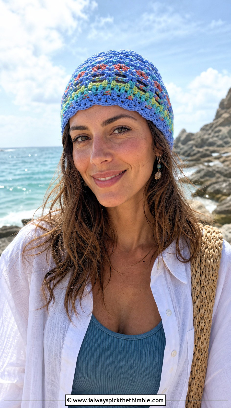 Open Weave Scrap Crochet Beanie With Linen Shirt And Shorts - 25 crochet scrap beanie outfit ideas
