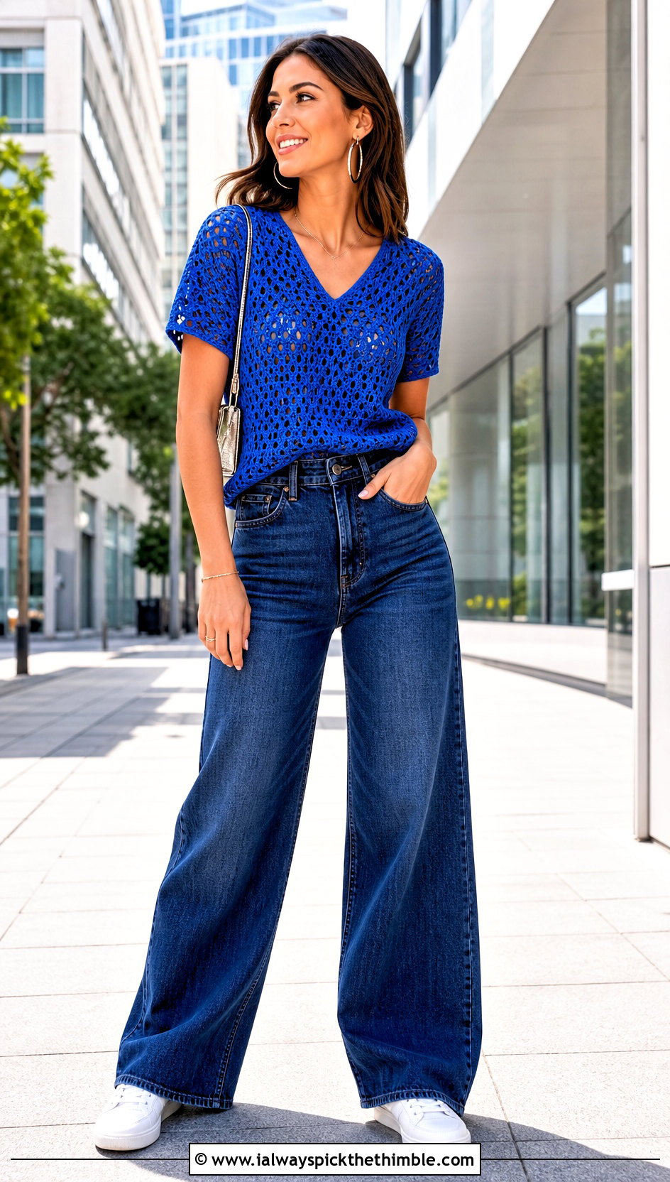Openwork Blue Sky Crochet Tee With Wide Leg Jeans - 15 blue sky crochet tee outfit ideas