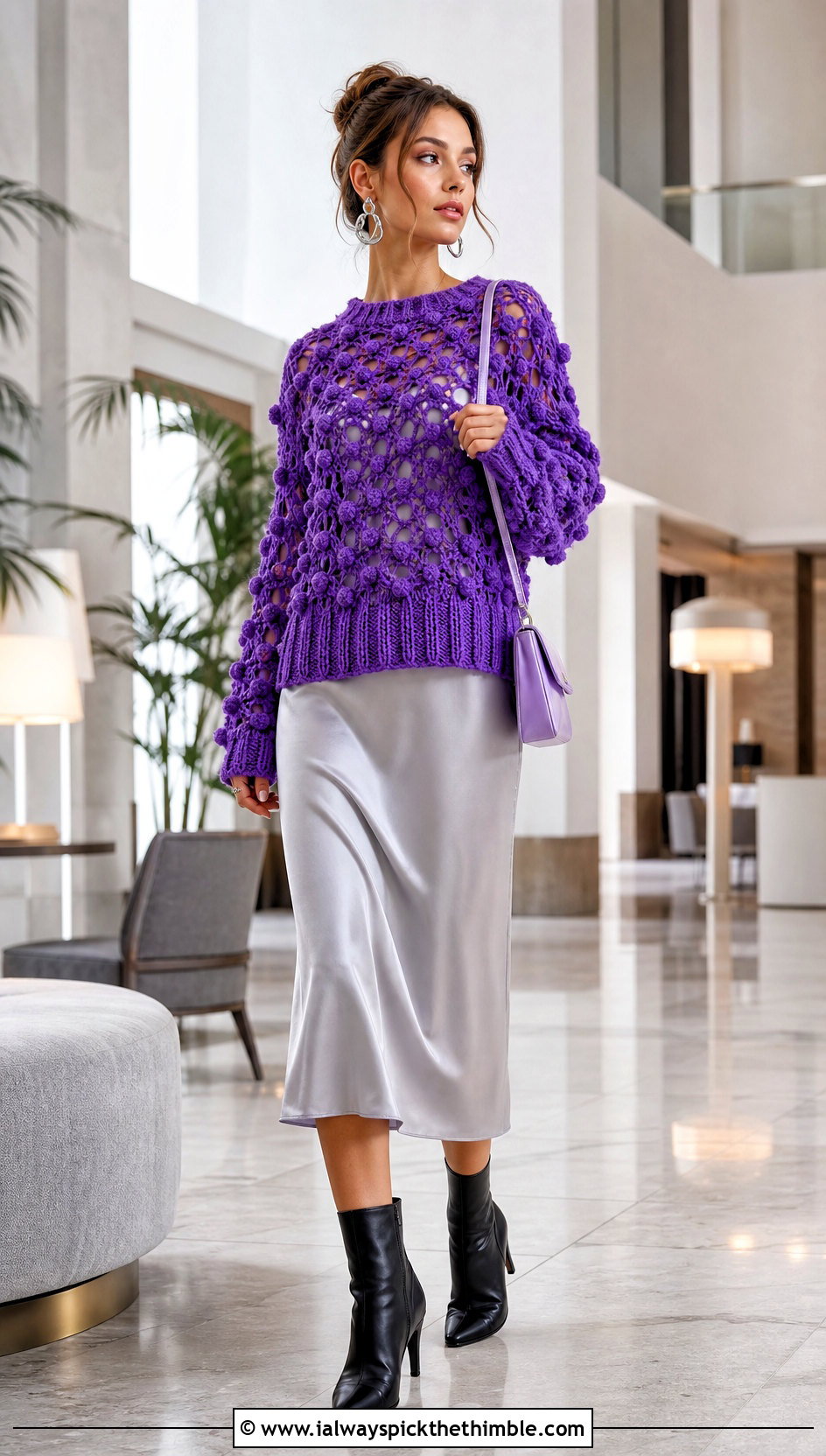 Openwork Bobble Sweater Over A Slip Dress - 20 crochet bobble sweater outfit ideas