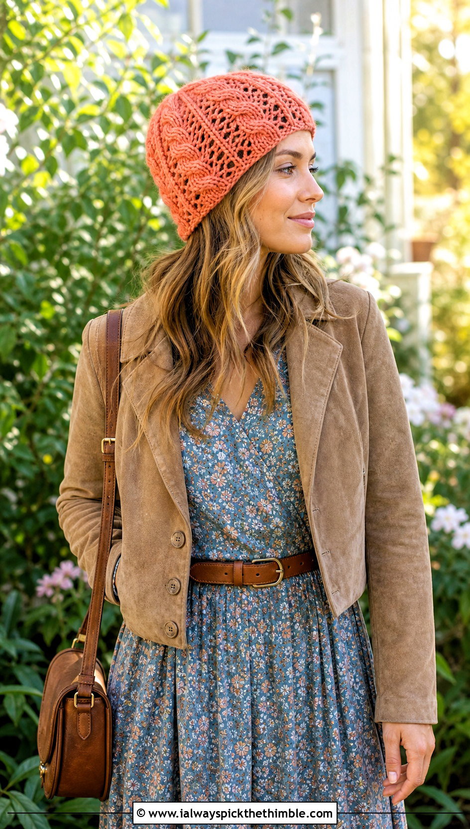 Openwork Cable Crochet Hat With Floral Dress - 20 Cable Crochet Hat outfit ideas