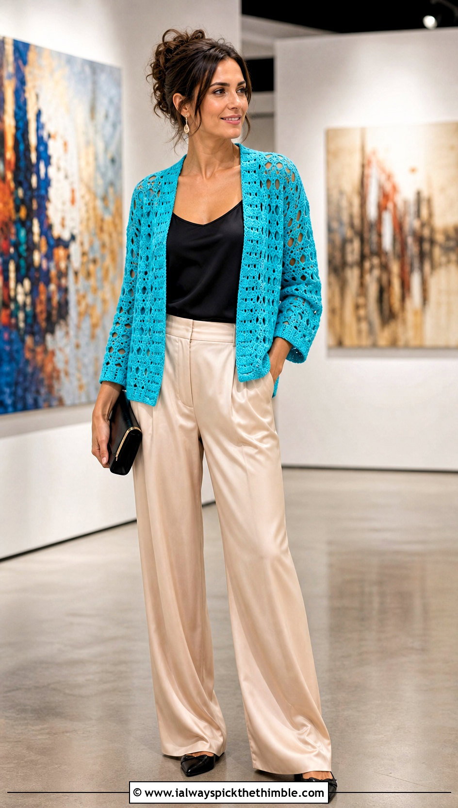 Openwork Campfire Cardigan With Satin Trousers - 20 crochet campfire cardigan outfit ideas