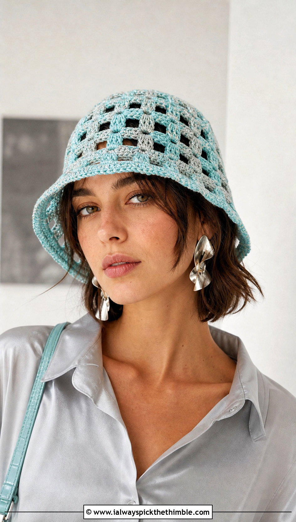 Openwork Checkerboard Crochet Bucket Hat With Satin Shirt - 20 checkerboard crochet bucket hat outfit ideas