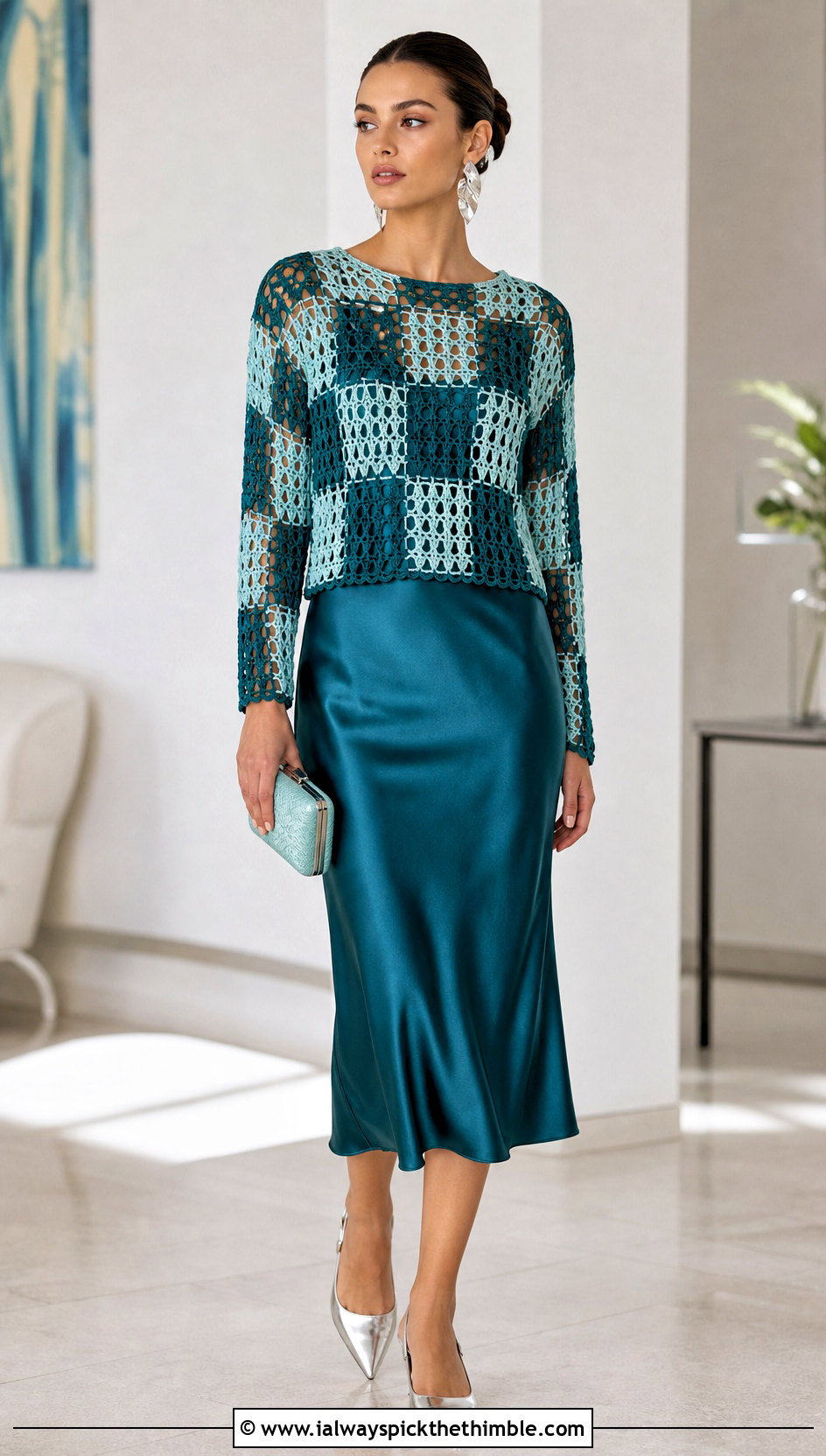 Openwork Checkered Sweater Over A Satin Slip Dress - 20 crochet checkered sweater outfit ideas