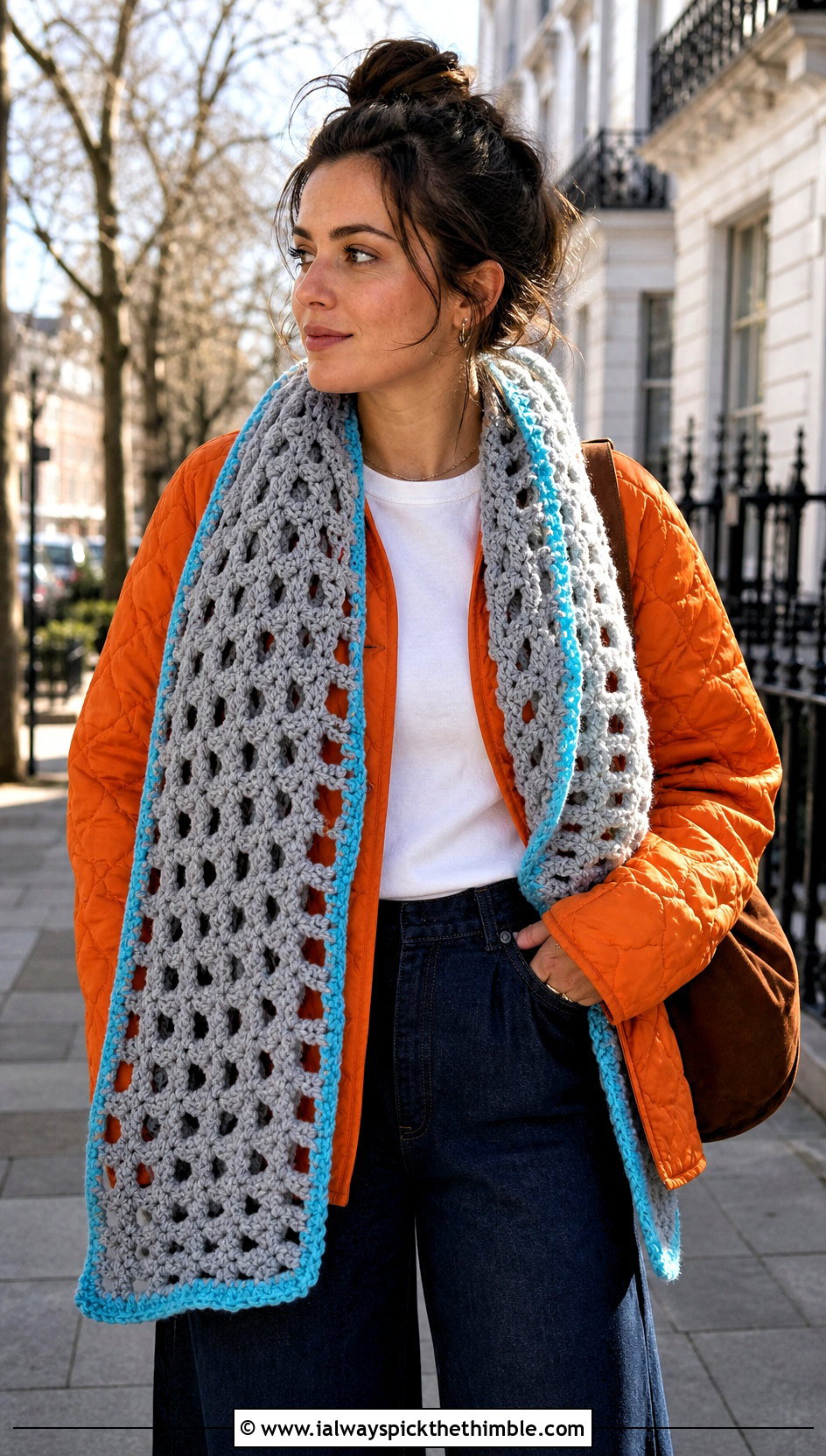 Openwork Chunky Gray Crochet Scarf With Quilted Jacket And Wide Leg Jeans - 15 Chunky Gray Crochet Scarf outfit ideas
