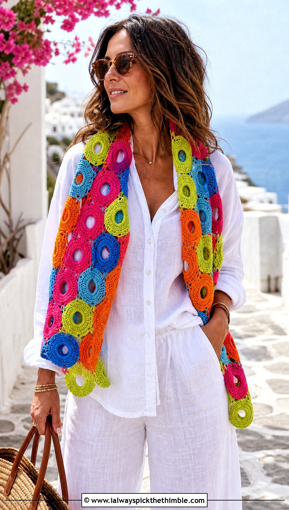 Openwork Circle Crochet Scarf With Linen Set And Sandals - 15 crochet scarf with colorful circles outfit ideas