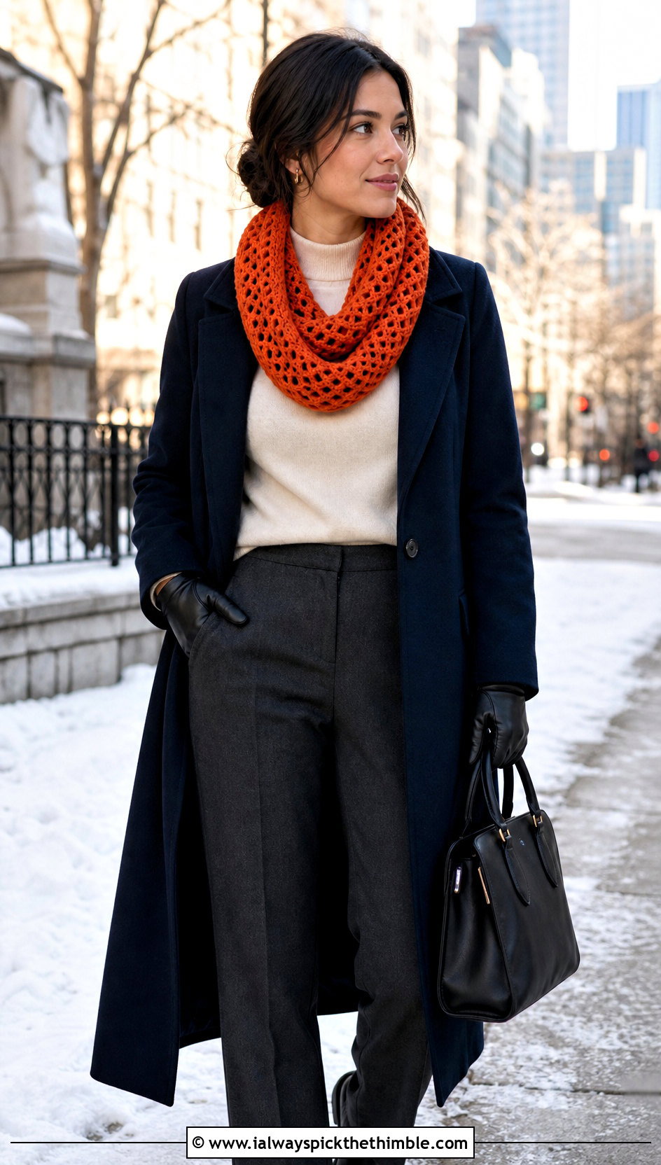 Openwork Cowl Infinity Scarf With Wool Coat - 20 Lacy Crochet Infinity Scarf outfit ideas