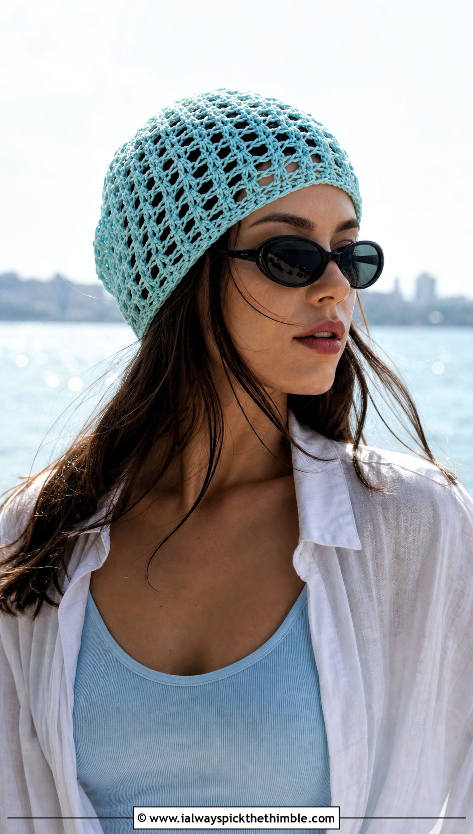 Openwork Crochet Beanie With Linen Shirt And Capris - 20 Women Crochet Beanie outfit ideas