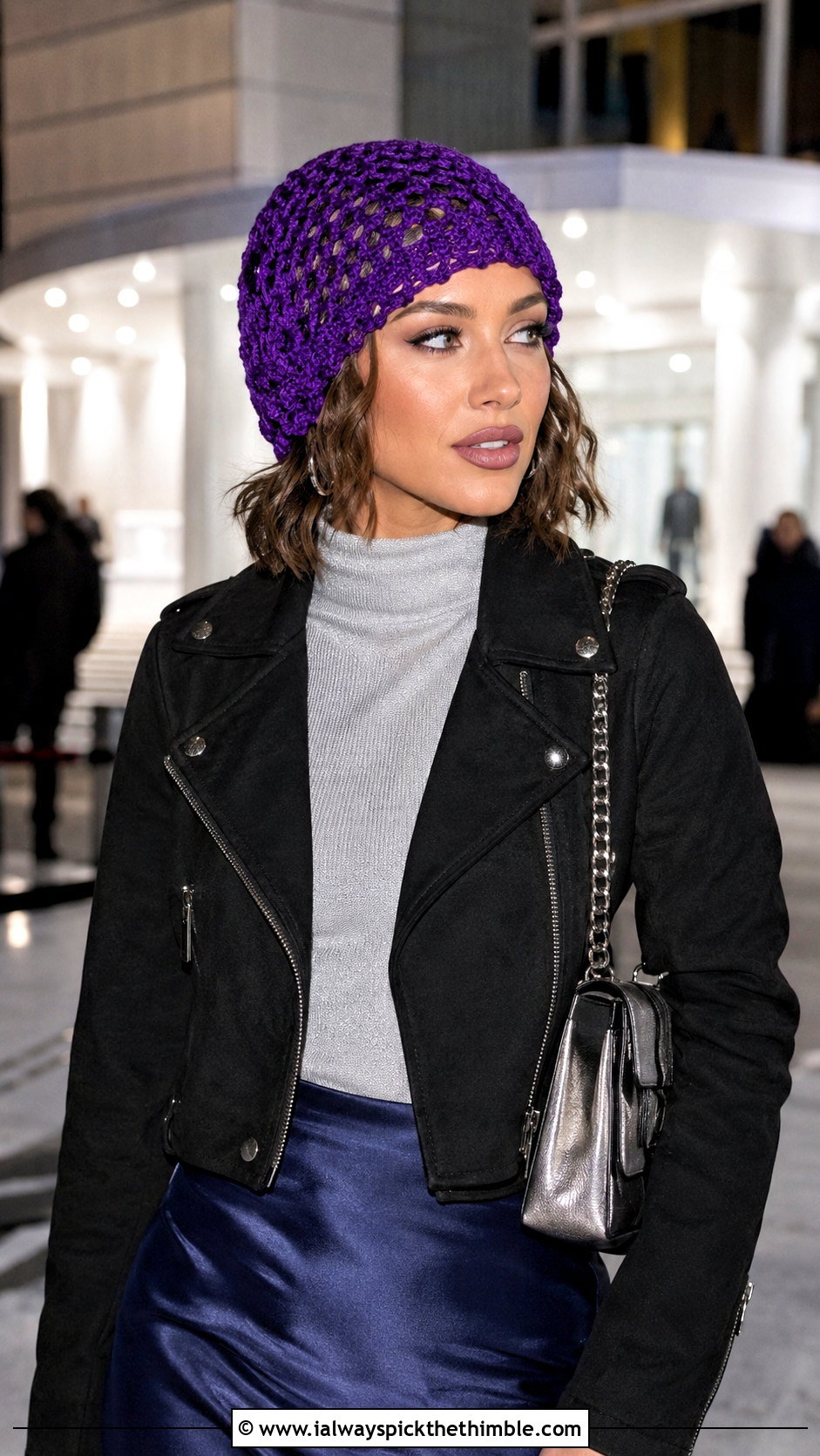Openwork Crochet Beanie With Satin Skirt And Moto Boots - 25 crochet winter hat outfit ideas