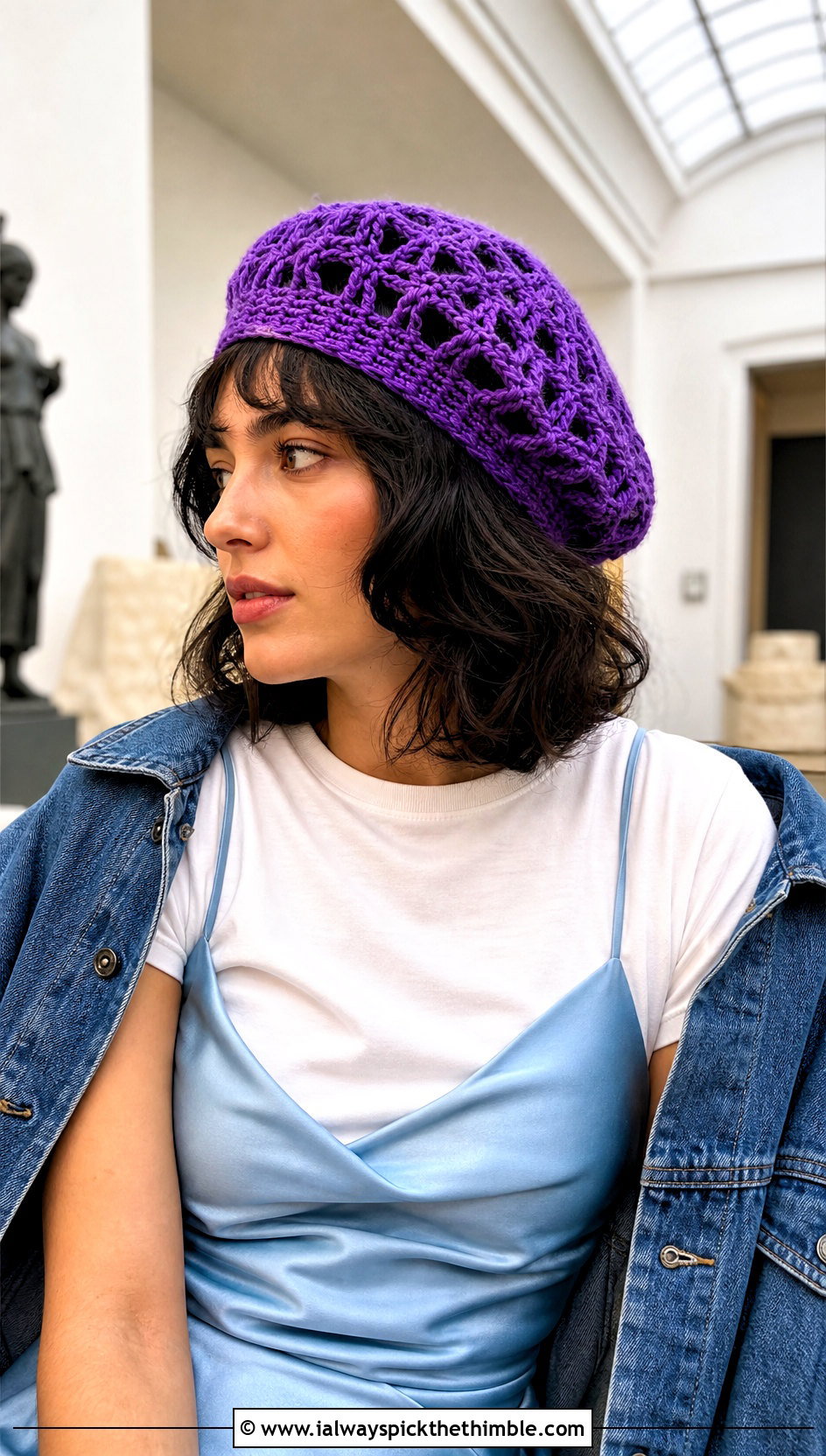 Openwork Crochet Beret With Slip Dress And T Shirt - 15 simple crochet beret outfit ideas
