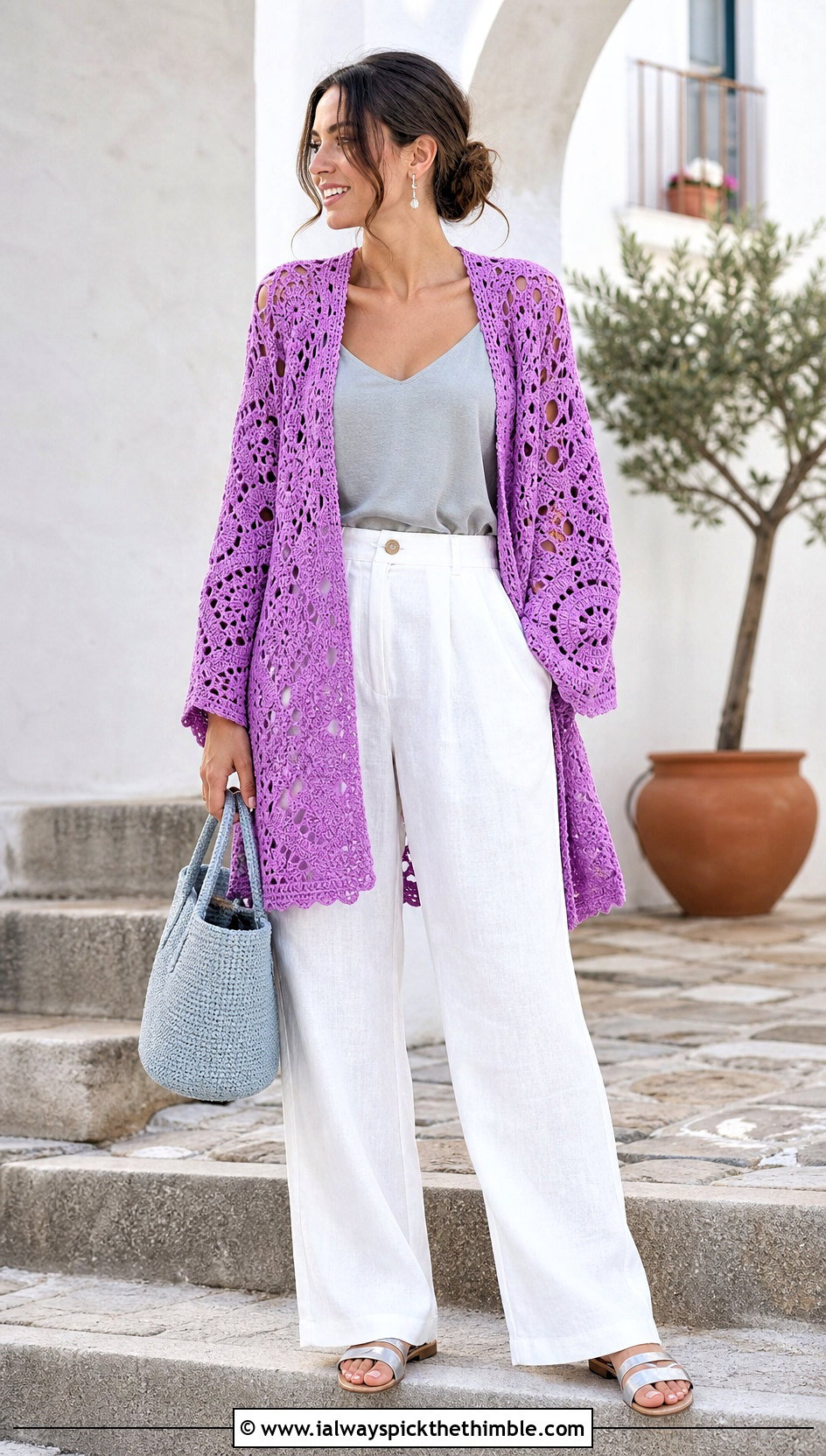 Openwork Crochet Blanket Jacket With Linen Pants - 20 crochet blanket jacket outfit ideas