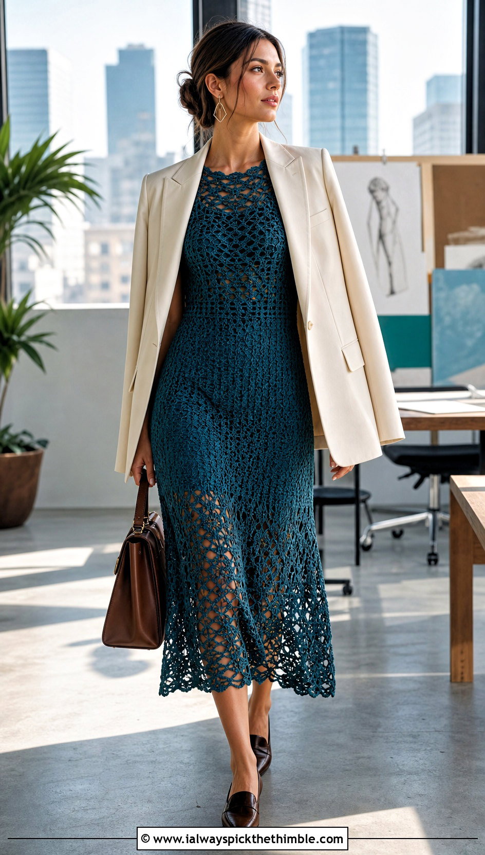 Openwork Crochet Boho Midi Dress With Tailored Blazer - 20 crochet boho dress outfit ideas