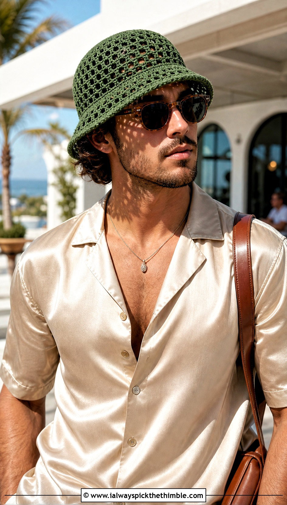 Openwork Crochet Bucket Hat With Satin Shirt And Trousers - 20 crochet bucket hat men outfit ideas