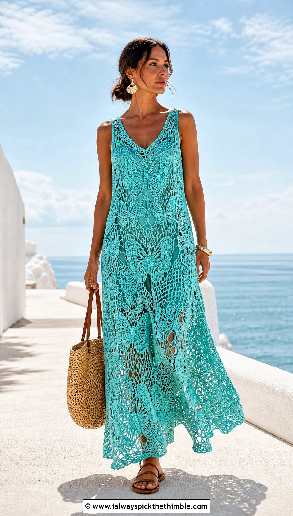 Openwork Crochet Butterfly Maxi Dress With Flat Sandals - 15 Crochet Butterfly Clothes and outfit ideas