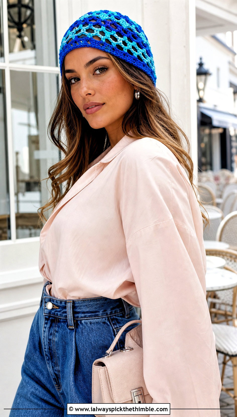 Openwork Crochet Cap With Blouse And Wide Leg Jeans - 25 crochet caps outfit ideas