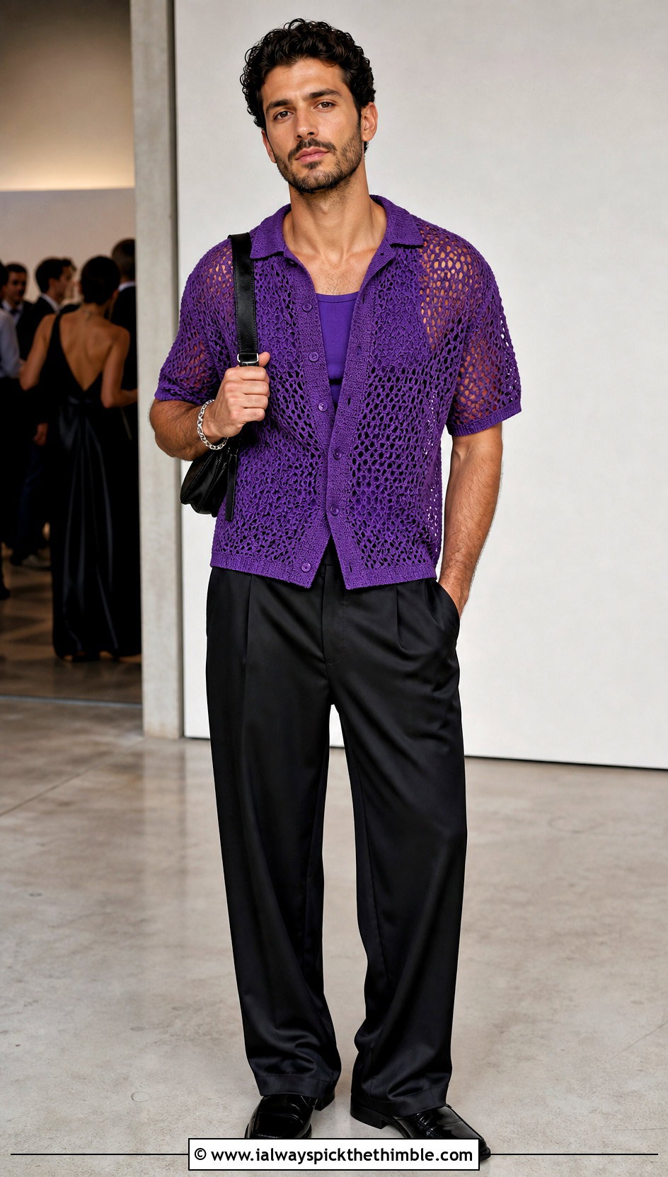 Openwork Crochet Collared Shirt With Satin Trousers - 15 Mens Crochet Collared Shirt outfit ideas