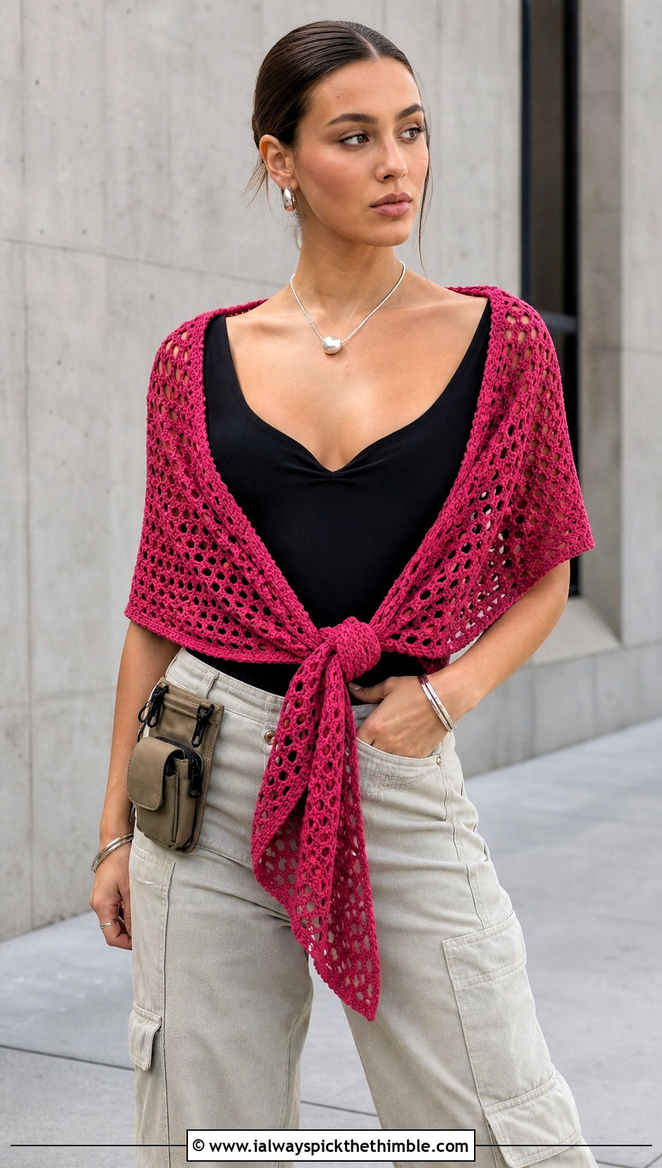Openwork Crochet Cotton Shawl With Cargo Pants - 15 Crochet Cotton Shawl outfit ideas