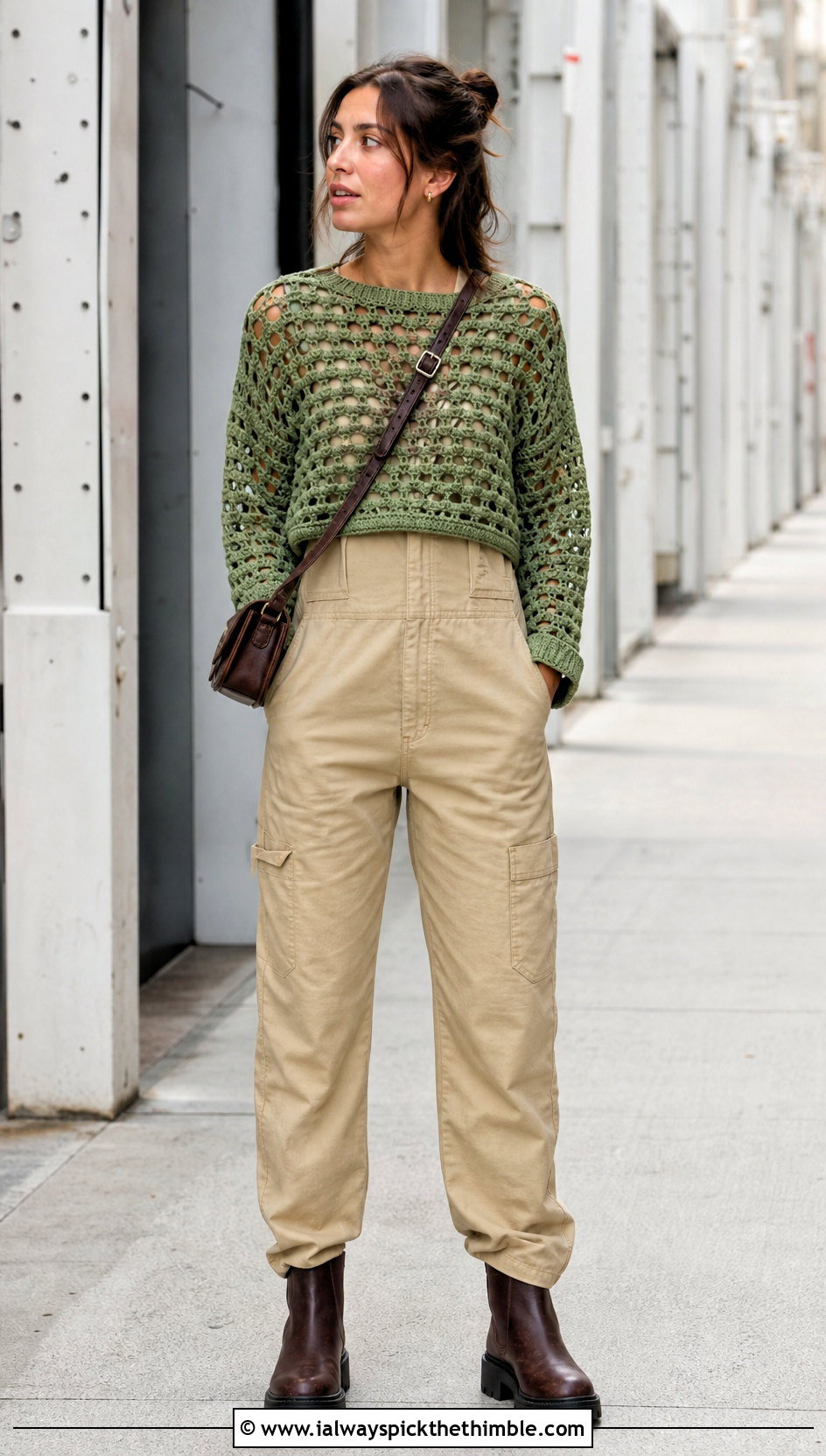 Openwork Crochet Cropped Jumper With Utility Jumpsuit - 20 crochet cropped jumper outfit ideas