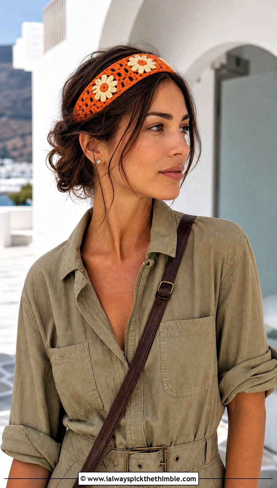 Openwork Crochet Daisy Headband With Utility Jumpsuit - 20 Crochet Daisy Headband outfit ideas