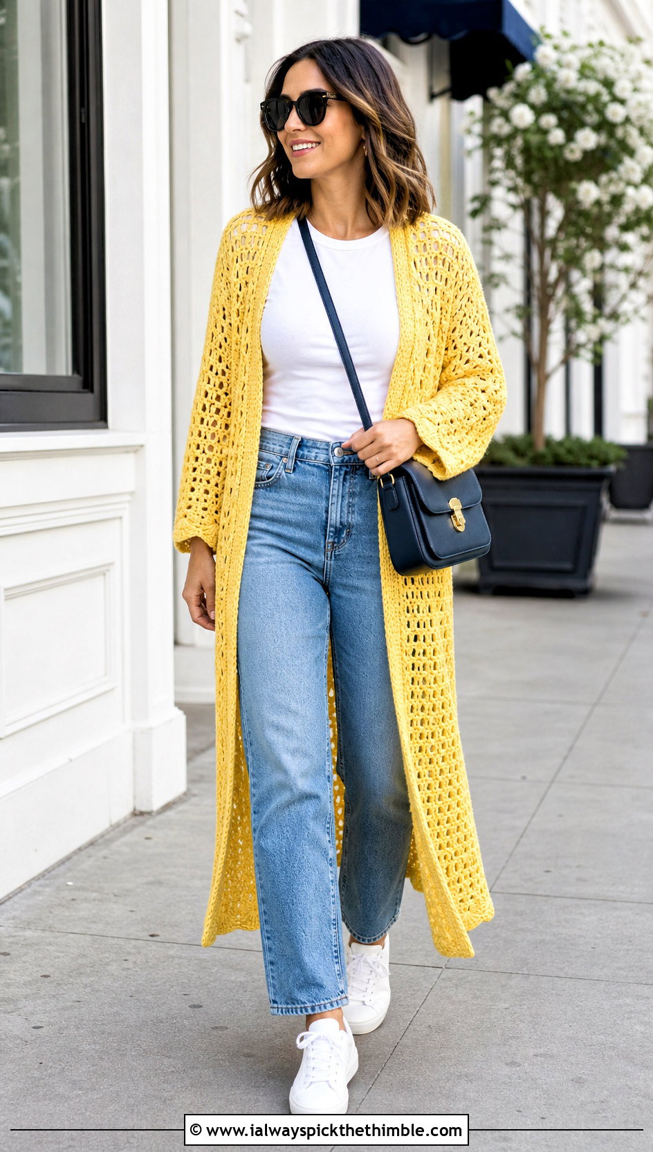 Openwork Crochet Duster Cardigan With Straight Leg Jeans - 20 Crochet Long Lacy Cardigan outfit ideas
