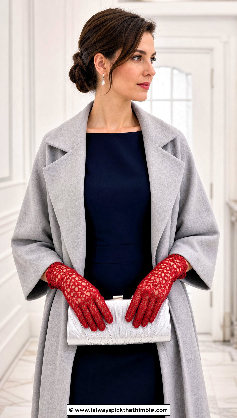 Openwork Crochet Fingered Gloves With Evening Dress And Wrap Coat - 15 Crochet Fingered Gloves outfit ideas