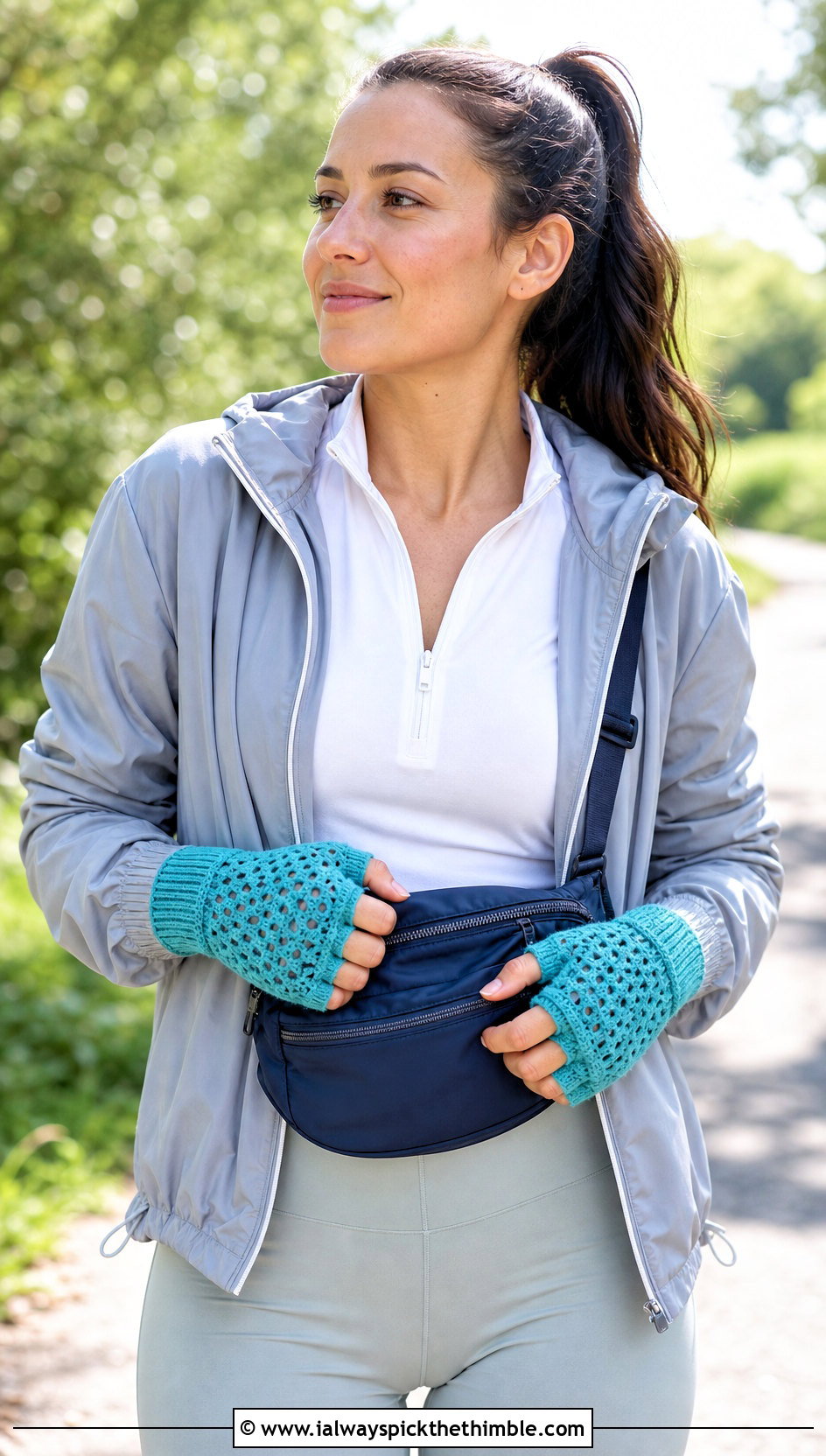 Openwork Crochet Gloves With Athleisure Outfit - 20 crochet glove outfit ideas