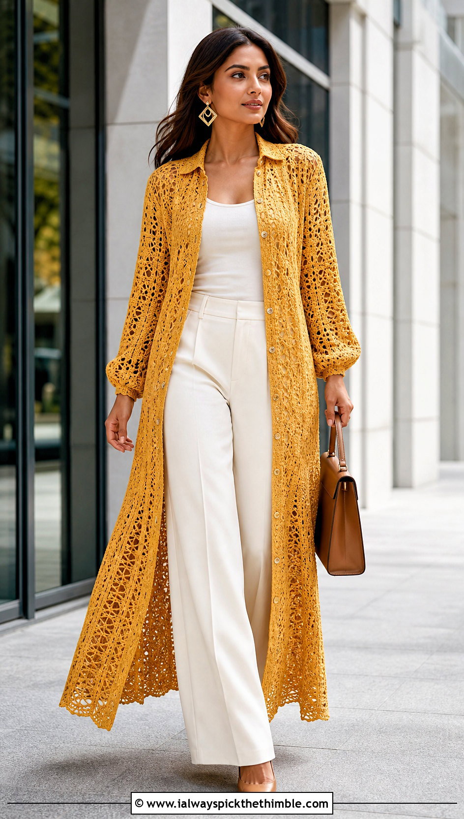 Openwork Crochet Gown Over Trousers - 25 crochet gown outfit ideas