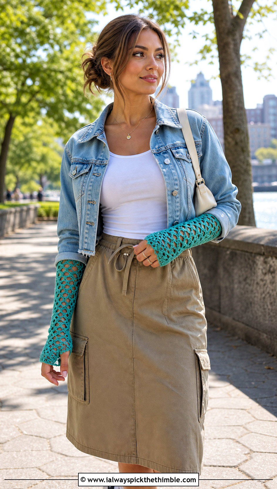 Openwork Crochet Handwarmers With Tank Top And Cargo Skirt - 25 crochet handwarmers outfit ideas