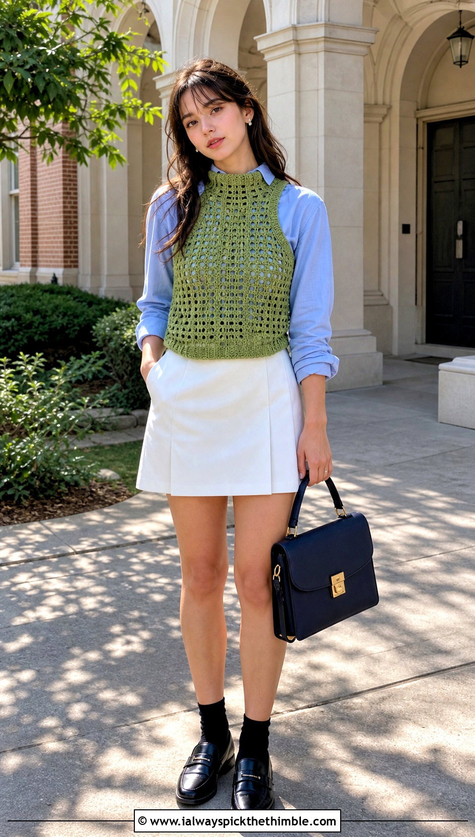 Openwork Crochet High Neck Tank Top Over A Button Down Shirt - 20 crochet high neck tank top outfit ideas