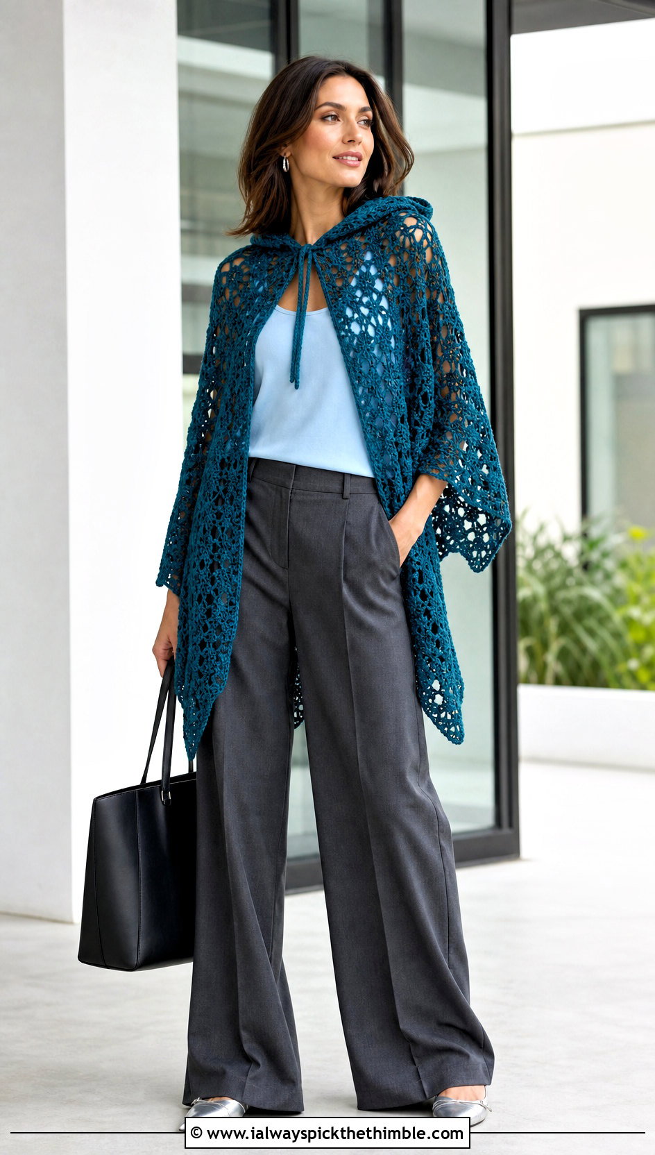 Openwork Crochet Hooded Poncho With Wide Leg Trousers - 25 Crochet Hooded Poncho outfit ideas