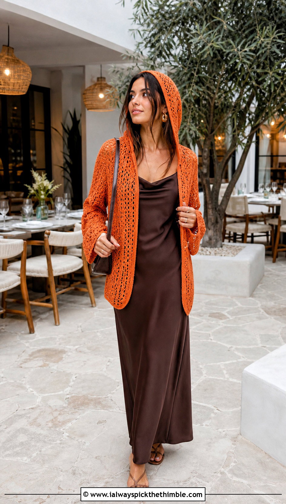 Openwork Crochet Hooded Sweater With Slip Dress - 20 crochet hooded sweater outfit ideas