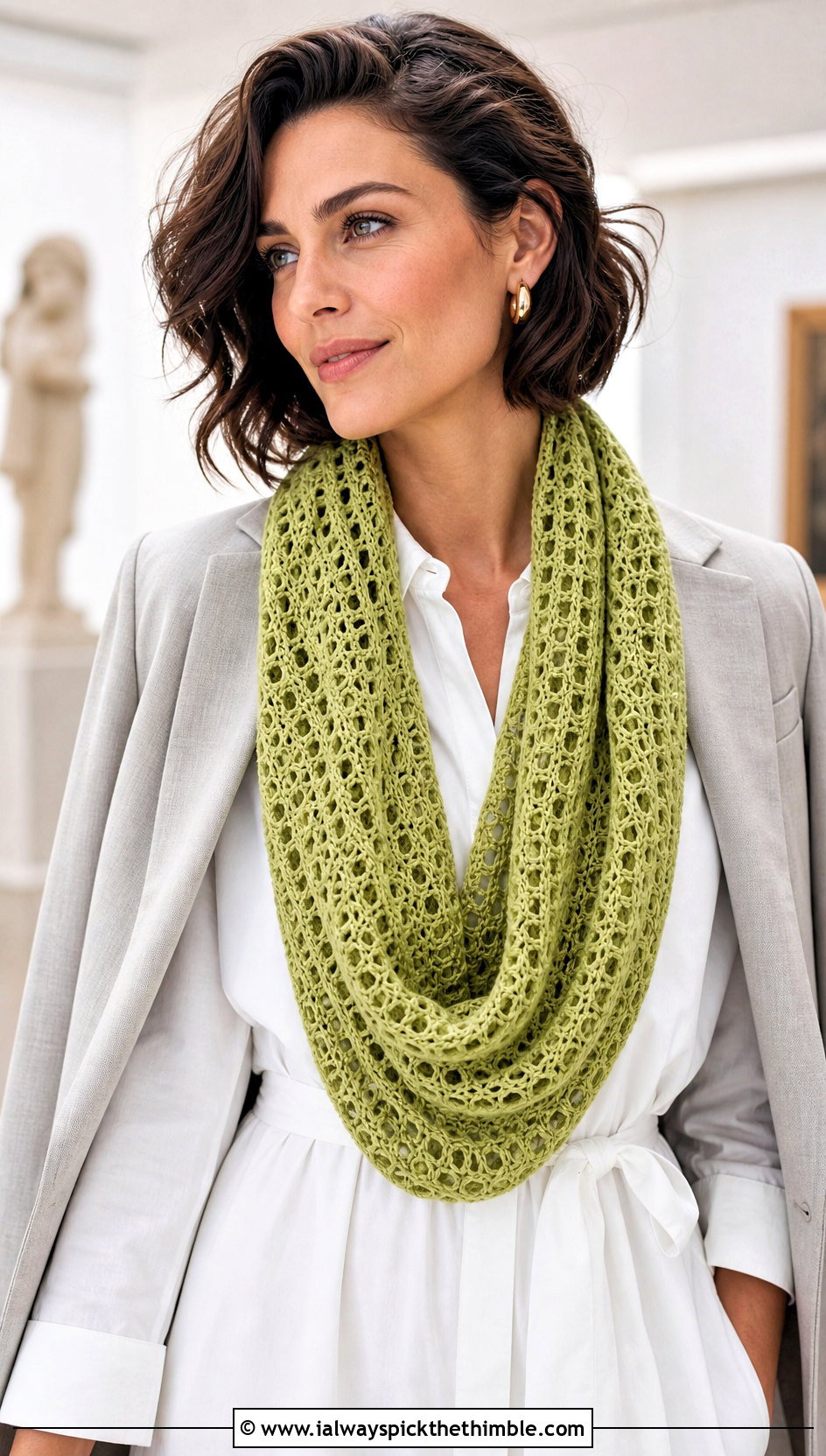 Openwork Crochet Infinity Scarf With Shirt Dress - 25 crochet infinity scarf outfit ideas