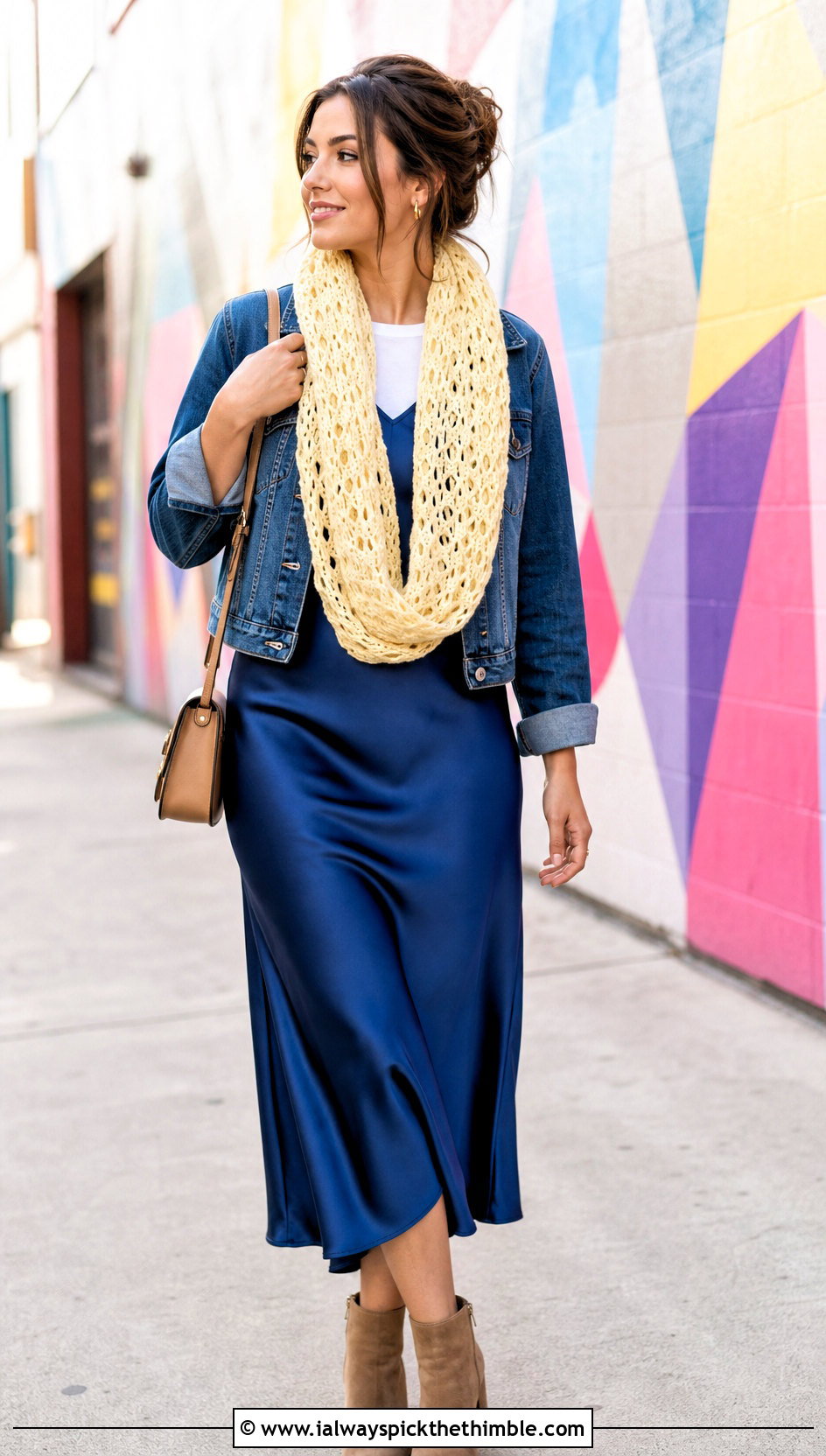 Openwork Crochet Infinity Scarf With Slip Dress - 20 crochet infinity scarves outfit ideas