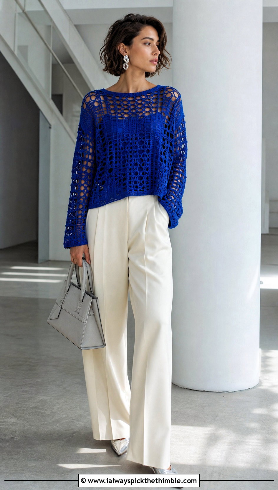 Openwork Crochet Jumper With Wide Leg Trousers - 20 Cute Crochet Jumper outfit ideas