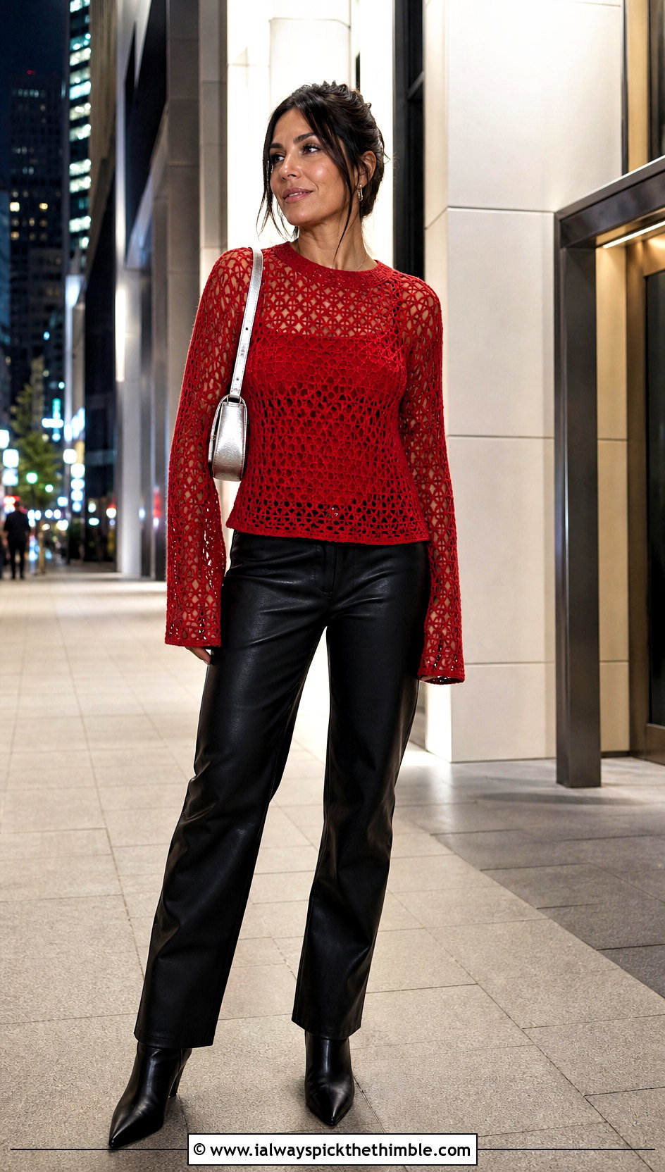 Openwork Crochet Long Sleeve Top With Leather Pants - 25 crochet thread top outfit ideas