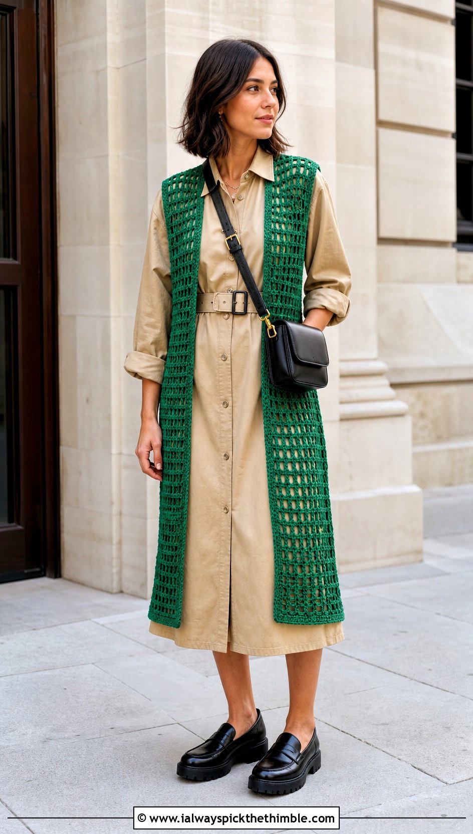 Openwork Crochet Long Vest With Utility Dress - 25 Crochet Long Vest outfit ideas