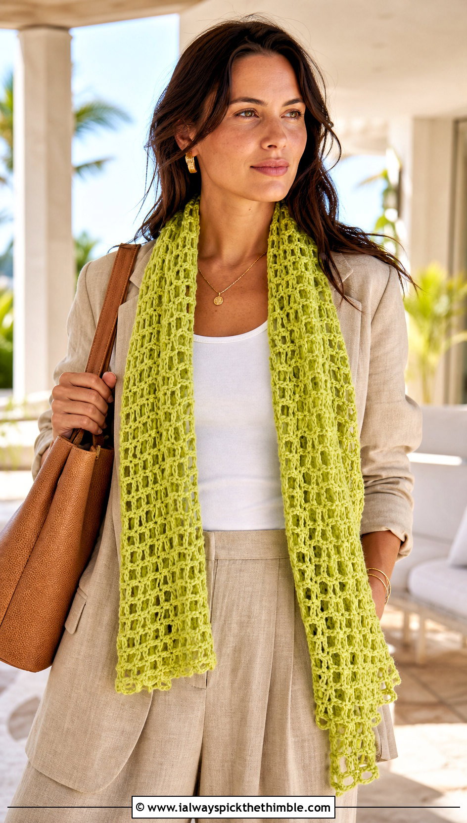 Openwork Crochet Loop Scarf With Linen Suit - 20 Crochet Loop Scarf outfit ideas