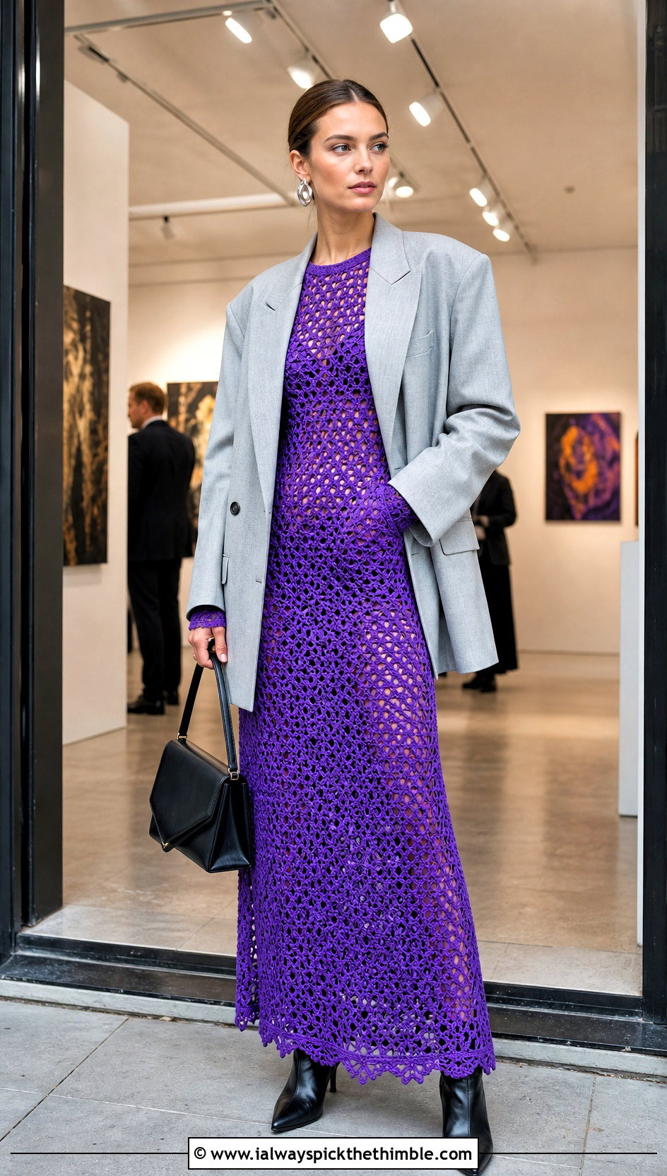 Openwork Crochet Maxi Dress With Oversized Blazer - 25 whimsical crochet clothes and outfit ideas