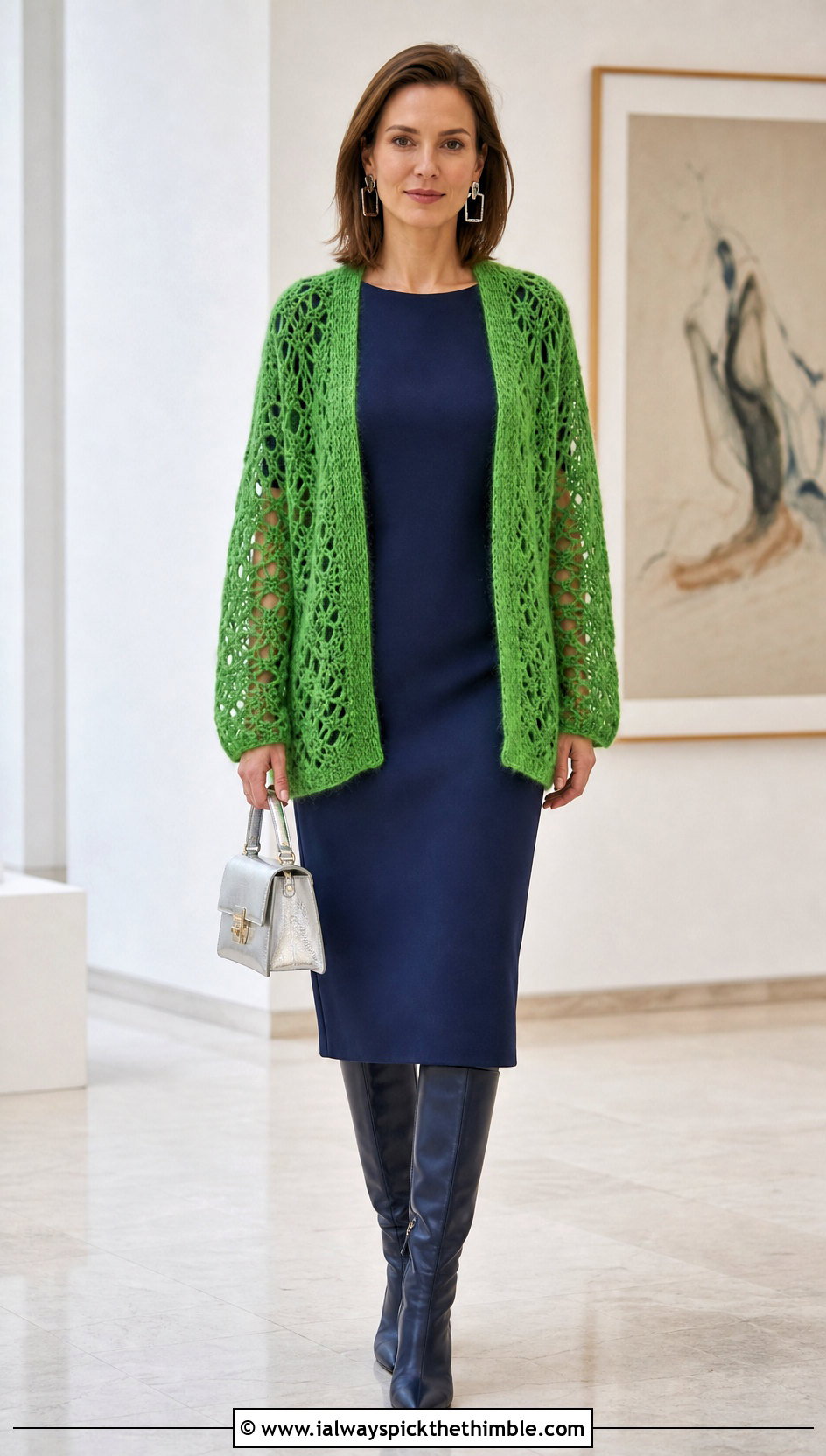 Openwork Crochet Mohair Cardigan With Column Dress - 25 crochet mohair cardigan outfit ideas