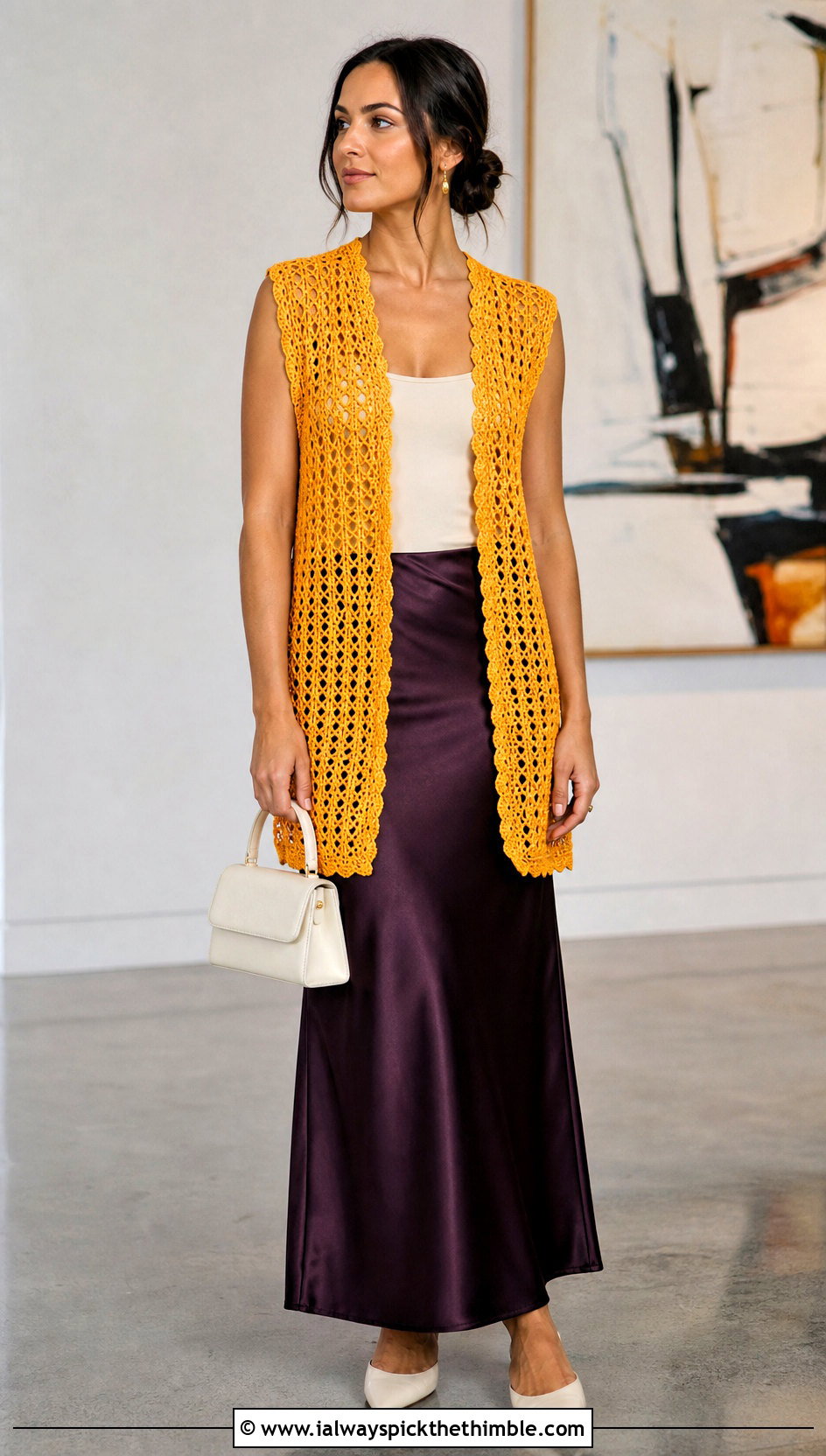 Openwork Crochet Open Front Vest With Satin Maxi Skirt - 20 crochet open front vest outfit ideas
