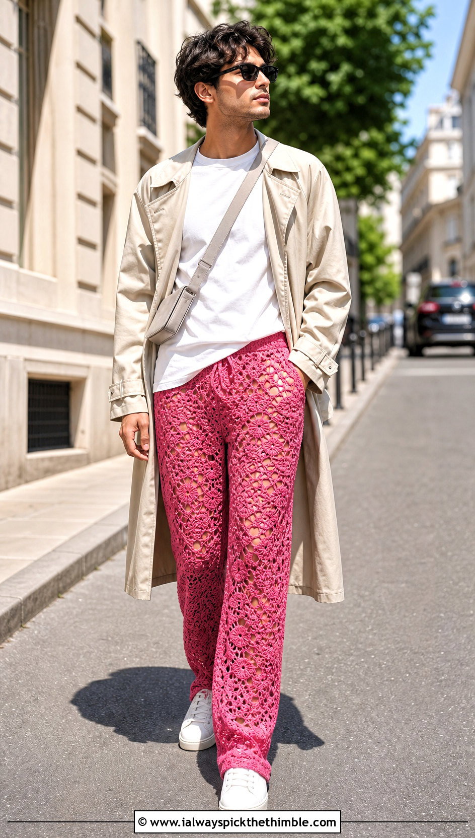 Openwork Crochet Pants With Trench Coat - 25 crochet pants men outfit ideas
