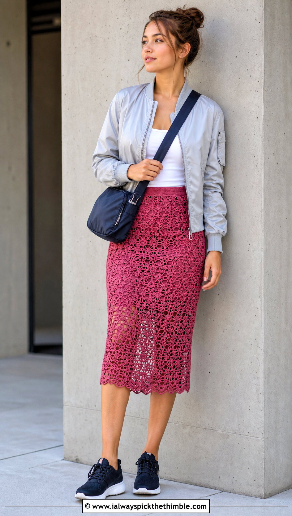 Openwork Crochet Pencil Skirt With Bomber Jacket - 25 crochet skirt outfit ideas
