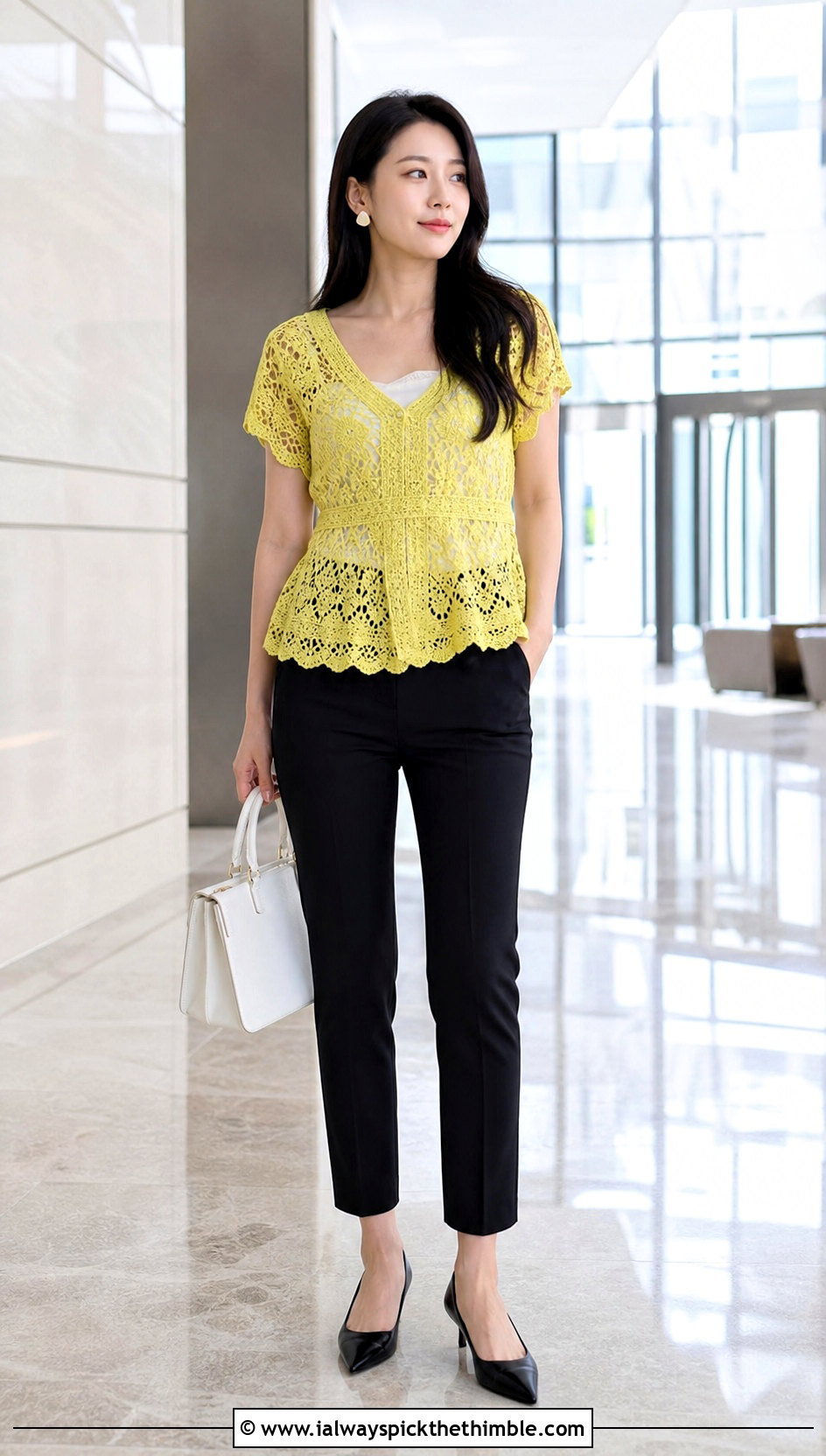 Openwork Crochet Peplum Top With Cigarette Pants - 20 Crochet Holey Top outfit ideas