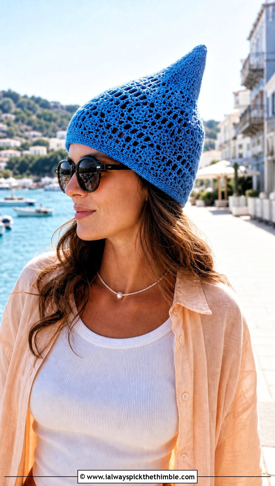 Openwork Crochet Pointed Hat With Resort Shirt - 20 Crochet Pointed Hat outfit ideas