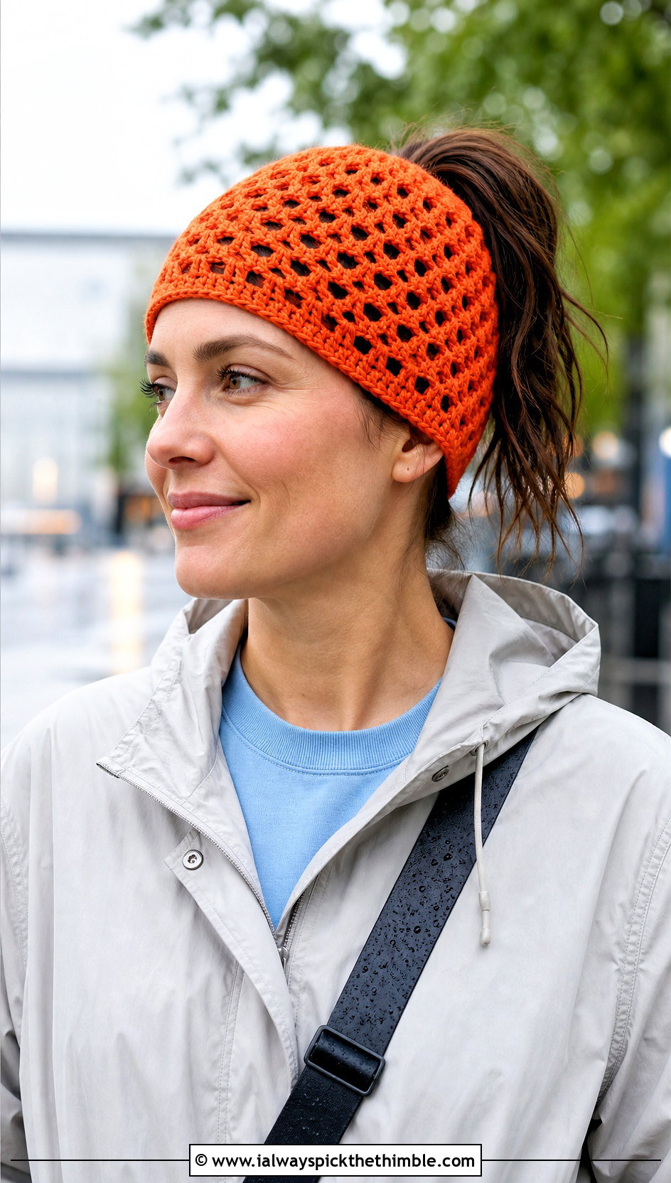 Openwork Crochet Ponytail Hat With Packable Raincoat - 20 crochet hat with ponytail hole outfit ideas
