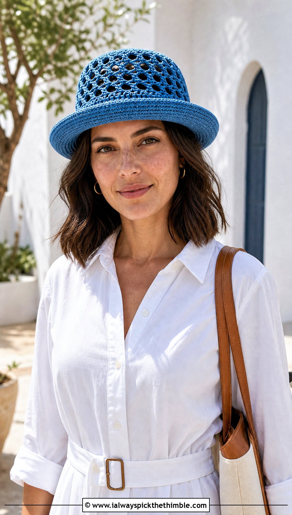 Openwork Crochet Pork Pie Hat With Shirt Dress - 20 crochet pork pie hat outfit ideas