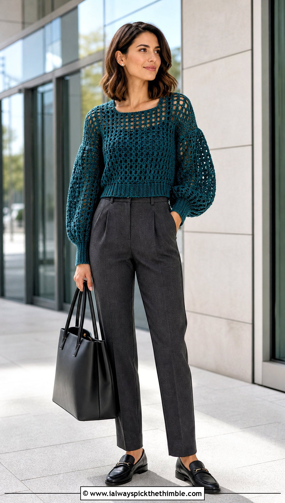 Openwork Crochet Puff Sleeve Sweater With Tailored Trousers - 20 Crochet Puff Sleeve Sweater outfit ideas