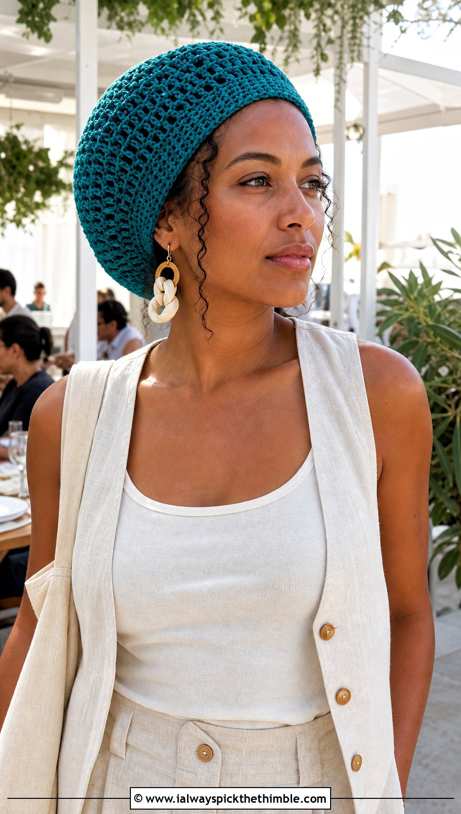 Openwork Crochet Rasta Tam With Linen Vest And Trousers - 15 Crochet Bob Marley Hat outfit ideas