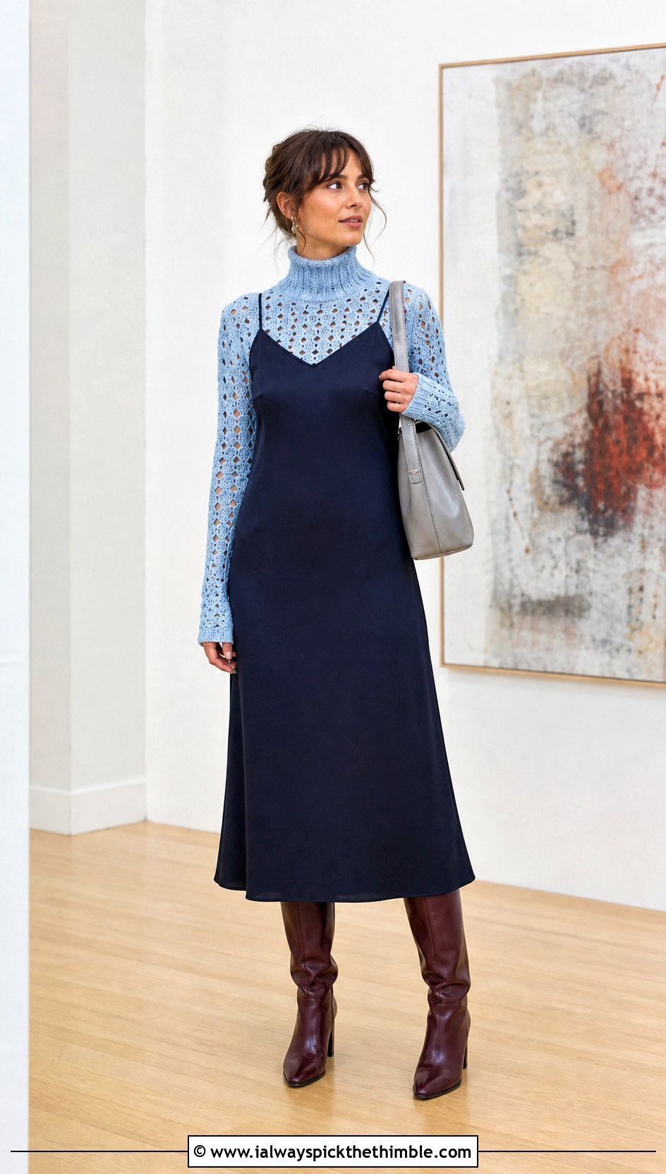 Openwork Crochet Roll Neck Sweater With Slip Dress - 20 Crochet Roll Neck Sweater outfit ideas
