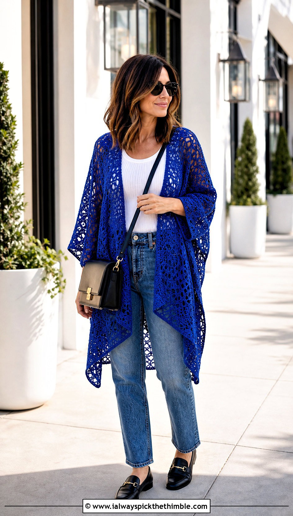 Openwork Crochet Ruana With Straight Leg Jeans - 15 easy crochet ruana outfit ideas