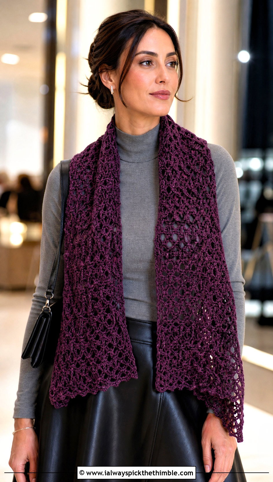 Openwork Crochet Scarf With Leather Skirt - 25 crocheted scarf outfit ideas